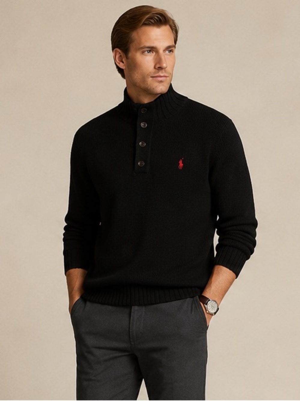 Polo Ralph Lauren Heritage Cotton Mock Neck Knit Sweater Black Men’s XL